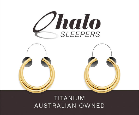 Children's earrings featuring 22CT gold plated G23 titanium double twist hinged hoop design by Halo Sleepers.