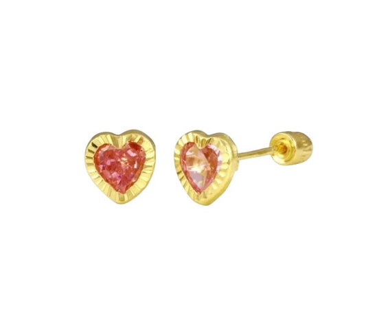 Heart earrings featuring 14k solid gold and pink cubic zirconia heart studs with screw backs for added comfort.