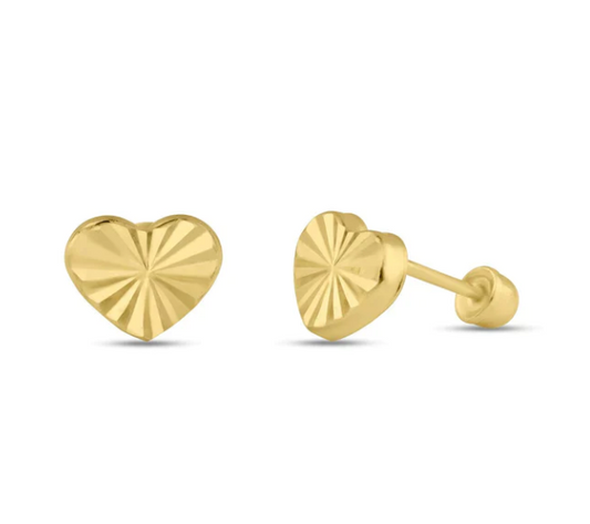 Heart earrings featuring 14k solid gold sparkling sunray heart screw back studs.