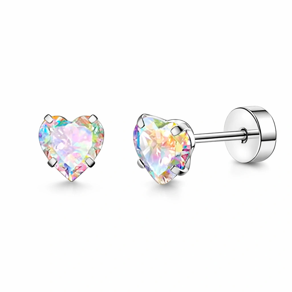 Heart earrings featuring 5mm pink AAA cubic zirconia heart studs with screw backs in 316L surgical steel.