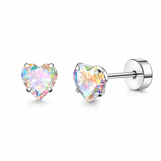 Heart earrings featuring 5mm pink AAA cubic zirconia heart studs with screw backs in 316L surgical steel.