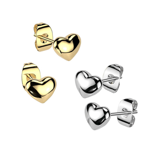 Heart earrings in gold and silver, featuring 316L surgical steel puffy heart shaped stud design.