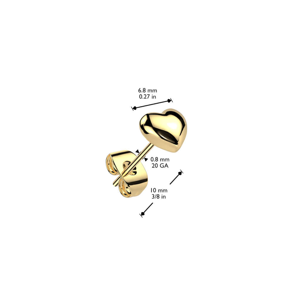 Heart earrings - 6.8mm puffy heart shaped studs with push back design in gold color.