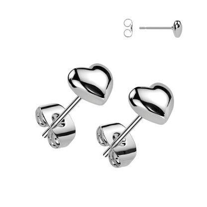 Heart earrings made of 316L surgical steel, featuring puffy heart shaped studs with push back closure.