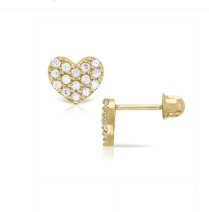 Heart Earrings - Solid 14k Yellow Gold AAA CZ Encrusted Heart Screw Backs with sparkling design.