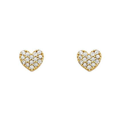 Heart Earrings - Solid 14k Yellow Gold AAA CZ Encrusted Heart Screw Backs with sparkling cubic zirconia.