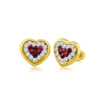 Heart earrings featuring 14k yellow gold, AAA CZ, and ruby accents with secure screw backs for elegance and style.