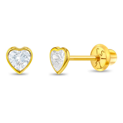 Heart earrings featuring solid 14k yellow gold bezel and clear cubic zirconia hearts with screw backs.
