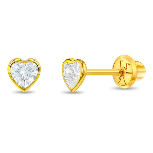Heart earrings featuring solid 14k yellow gold bezel and clear cubic zirconia hearts with screw backs.