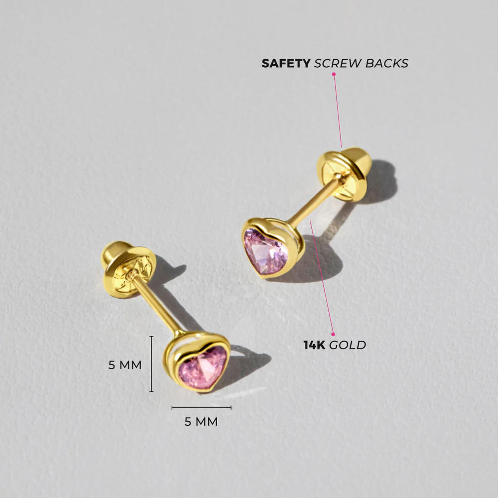 Heart earrings - Solid 14k yellow gold bezel CZ heart screw backs with pink stones, perfect for infants and girls.