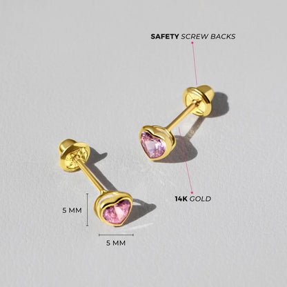 Heart earrings - Solid 14k yellow gold bezel CZ heart screw backs with pink stones, perfect for infants and girls.