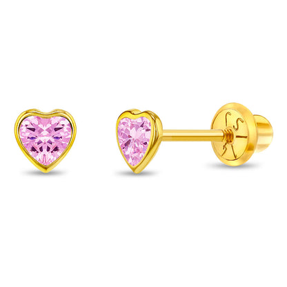 Heart earrings with 4mm pink cubic zirconia stones set in solid 14k yellow gold bezels.