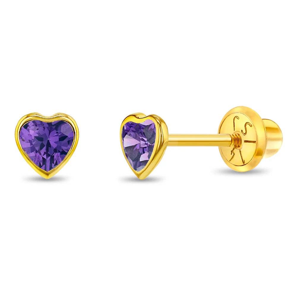 Heart earrings featuring solid 14k yellow gold bezel-set purple cubic zirconia hearts with screw backs.
