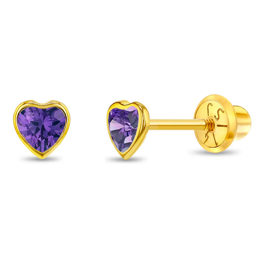 Heart earrings featuring solid 14k yellow gold bezel-set purple cubic zirconia hearts with screw backs.