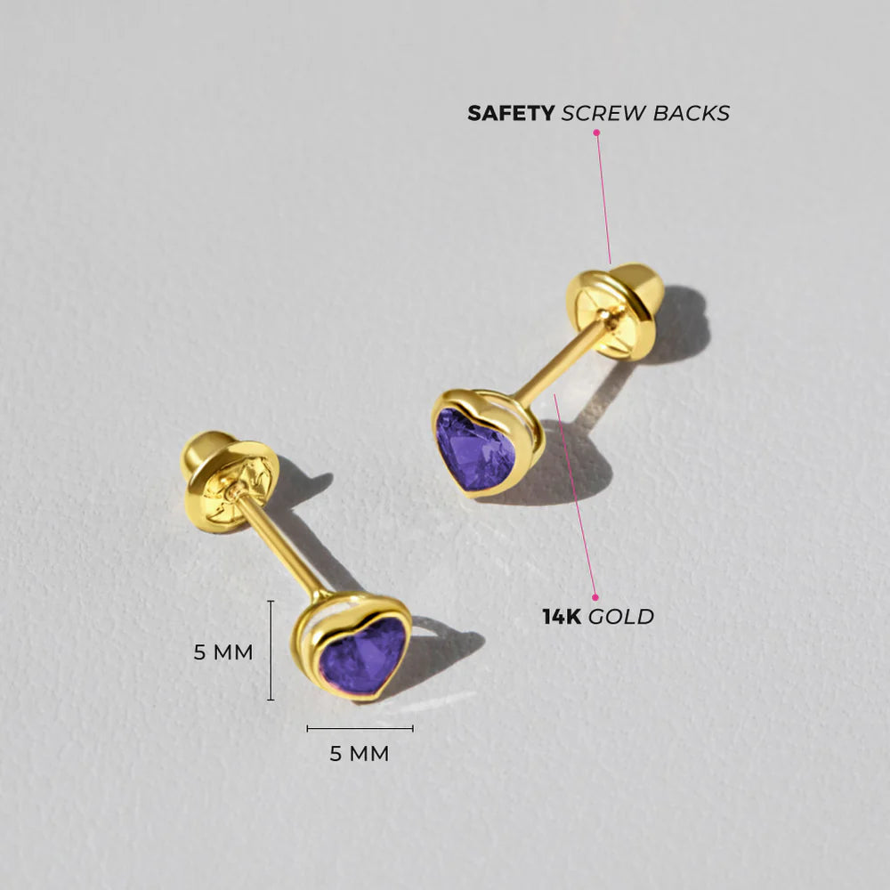 Heart earrings featuring 14k solid yellow gold and 4mm purple cubic zirconia with safety screw backs.