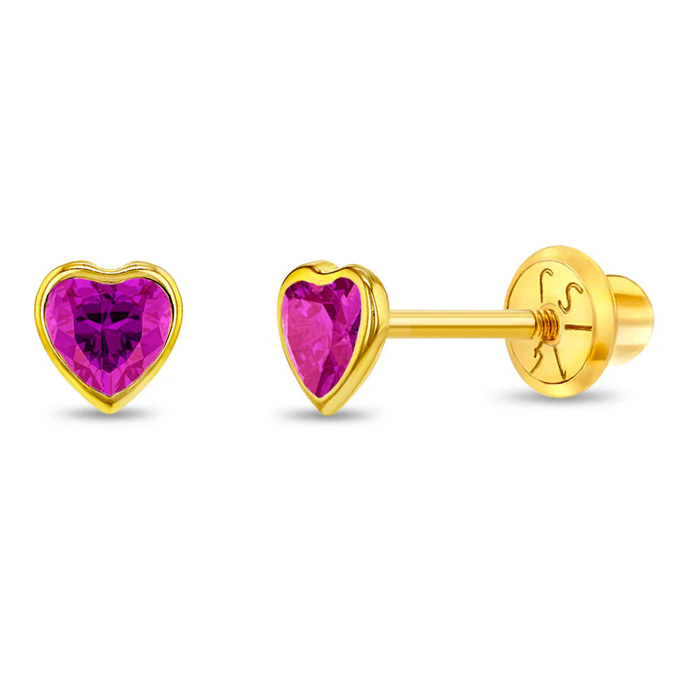 Heart earrings featuring solid 14k yellow gold and pink heart-shaped cubic zirconia, perfect for gifts.