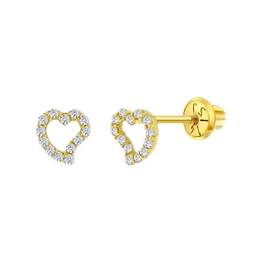 Heart Earrings - Solid 14k Yellow Gold Open Heart Clear CZ Screw Backs (5mm)