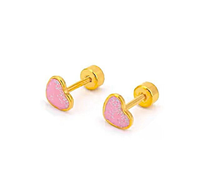 Heart earrings in surgical steel, 18k gold plated with pink glitter heart design and screw backs.