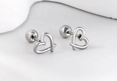 Heart earrings featuring a unique crossed heart design, crafted from surgical steel with ball studs.