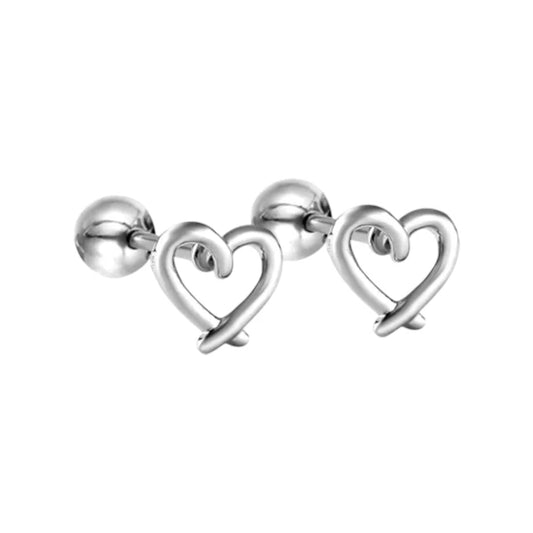 Heart earrings in surgical steel with crossed heart designs and ball studs, featuring secure screw backs for comfort.