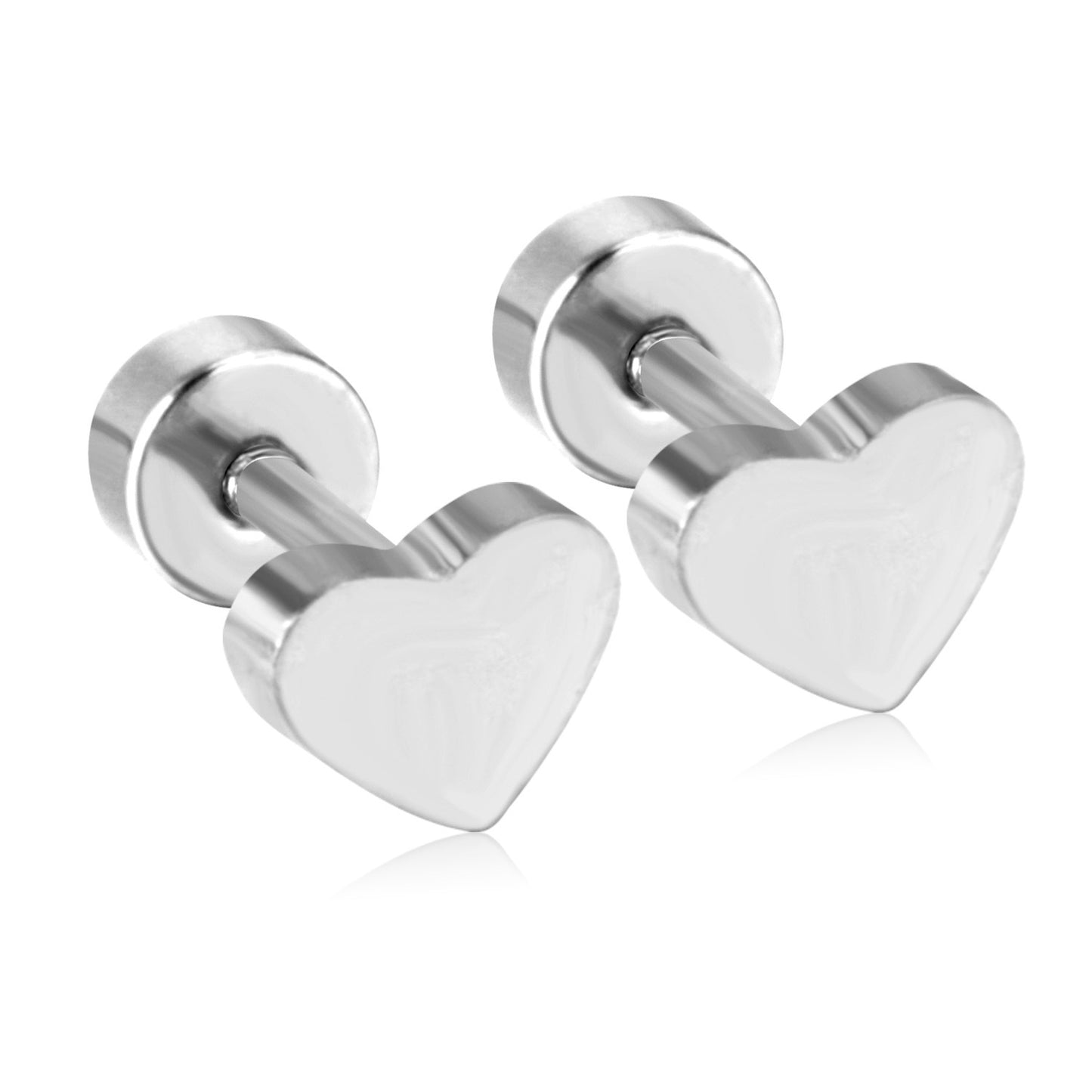 Heart earrings made of polished surgical steel with secure screw backs, featuring charming heart designs.
