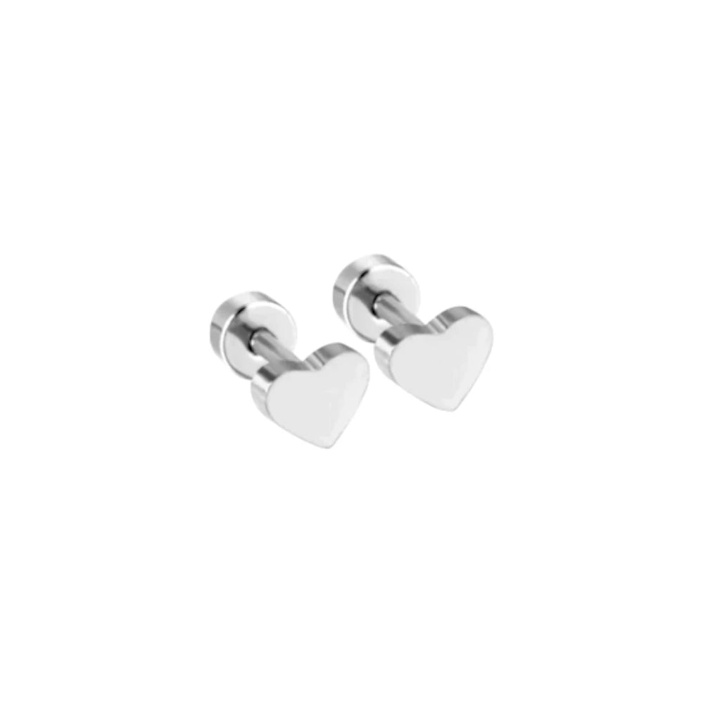 Heart earrings in polished surgical steel with heart designs and secure screw backs, ideal for a charming look.