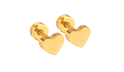 Heart earrings - polished gold heart studs with secure backs, stylish accessory for children and adults.