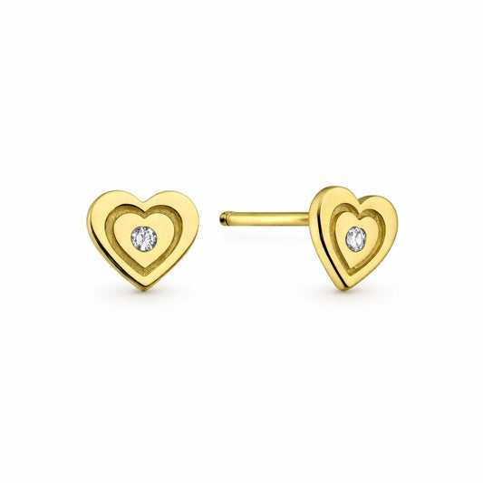 Baby earrings – 14k solid gold tiny hearts with CZ stone screw back studs for maximum safety.
