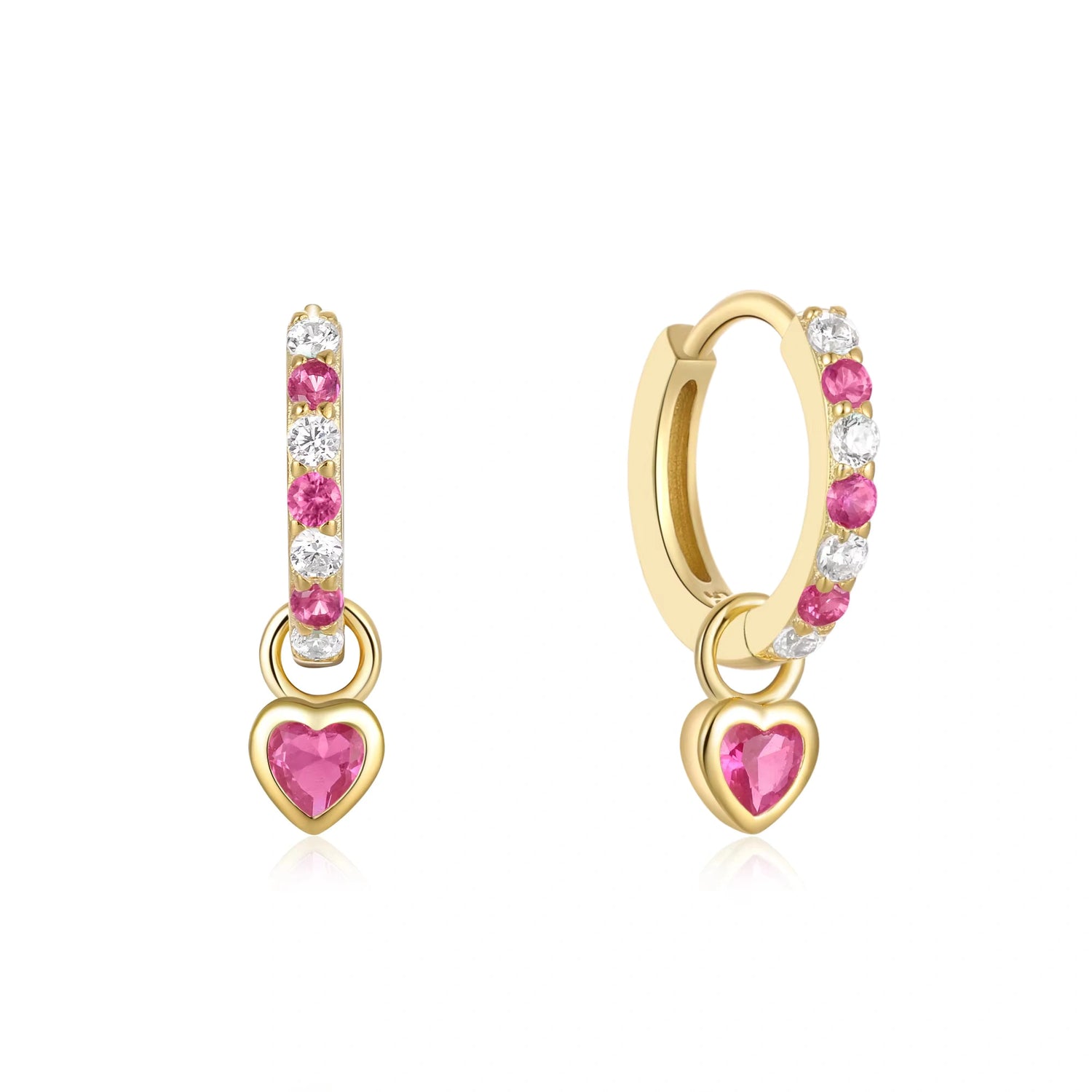 Heart hoop earrings featuring ruby and white CZ accents, crafted in 14k gold over sterling silver.