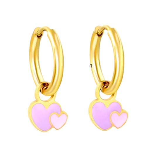 Heart hoop earrings featuring 18k gold plated enamel heart charms in pink and gold.
