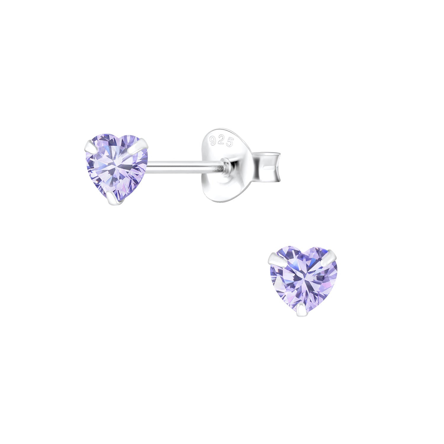 Heart stud earrings in 925 sterling silver with 4mm lavender CZ stones, perfect for children.
