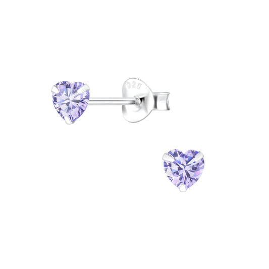 Heart stud earrings in 925 sterling silver with 4mm lavender CZ stones, perfect for children.