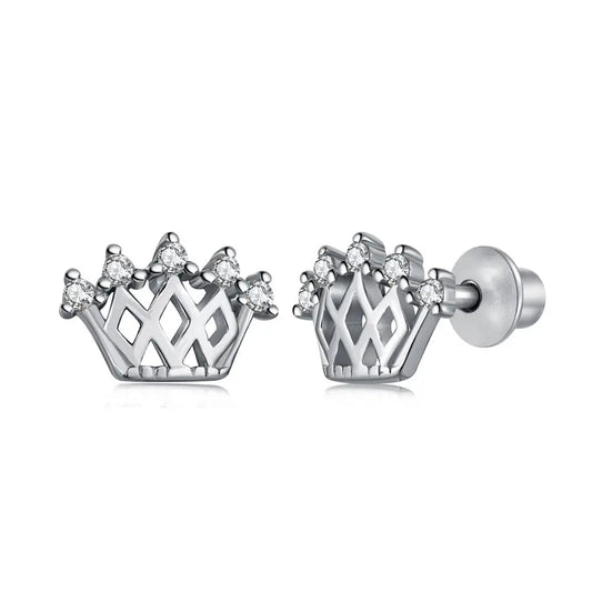 Children's Earrings:  Sterling Silver, Clear CZ, Crown Earrings with Screw Backs