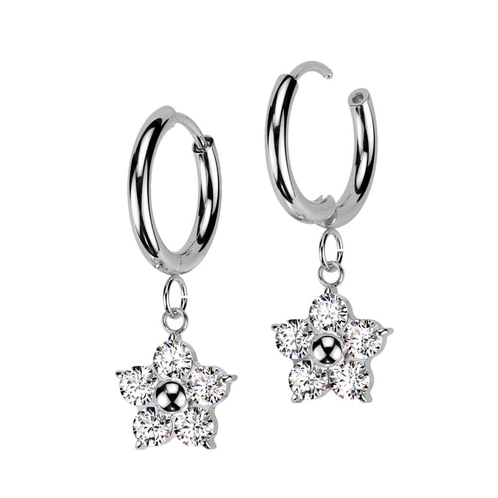 Hoop earrings made of 316L surgical steel with CZ flower dangle, elegant and hypoallergenic.