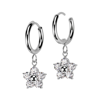 Hoop earrings made of 316L surgical steel with CZ flower dangle, elegant and hypoallergenic.