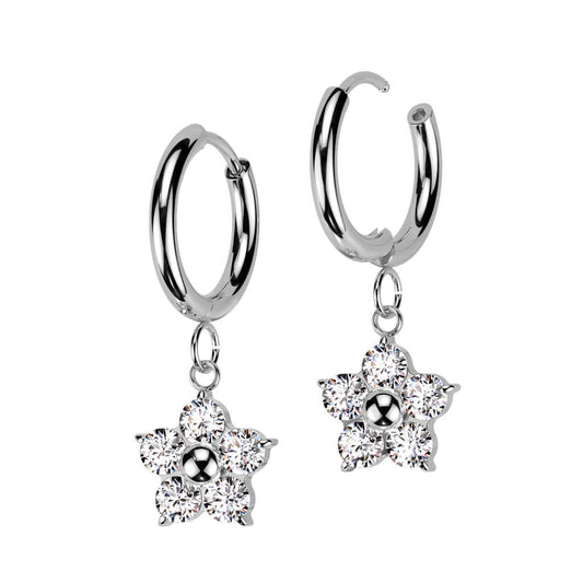Hoop earrings made of 316L surgical steel with CZ flower dangle, elegant and hypoallergenic.
