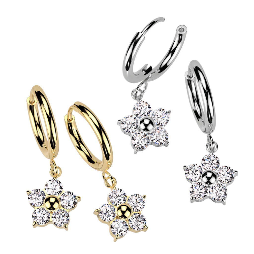Hoop earrings made of 316L surgical steel with CZ flower dangles, featuring both gold and silver finishes.