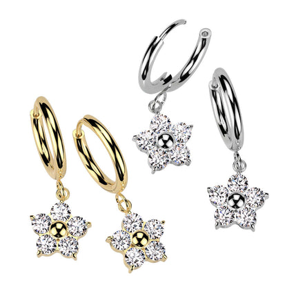 Hoop earrings made of 316L surgical steel with CZ flower dangles, featuring both gold and silver finishes.