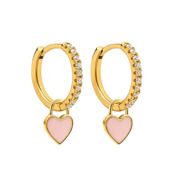 Huggie hoop earrings in 925 sterling silver, gold plated with CZ accents and pink heart charms, perfect for everyday style.