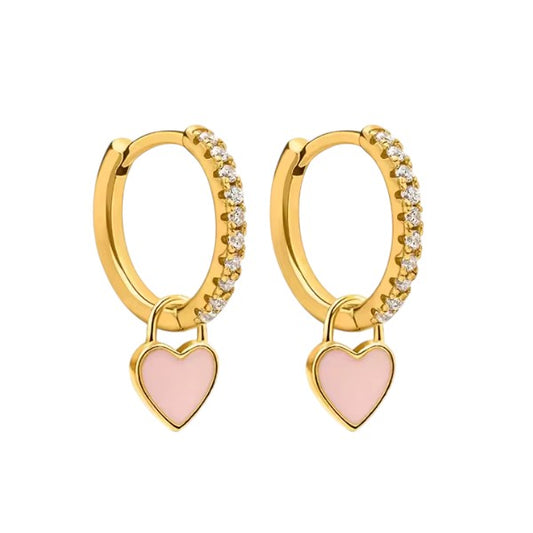 Huggie hoop earrings in 925 sterling silver, gold plated with CZ accents and pink heart charms, perfect for everyday style.