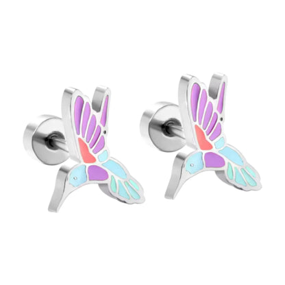 Hummingbird earrings in vibrant enamel with hypoallergenic surgical steel and secure screw backs for sensitive ears.