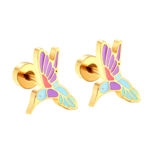 Hummingbird earrings made of hypoallergenic surgical steel with colorful enamel detail and screw back.