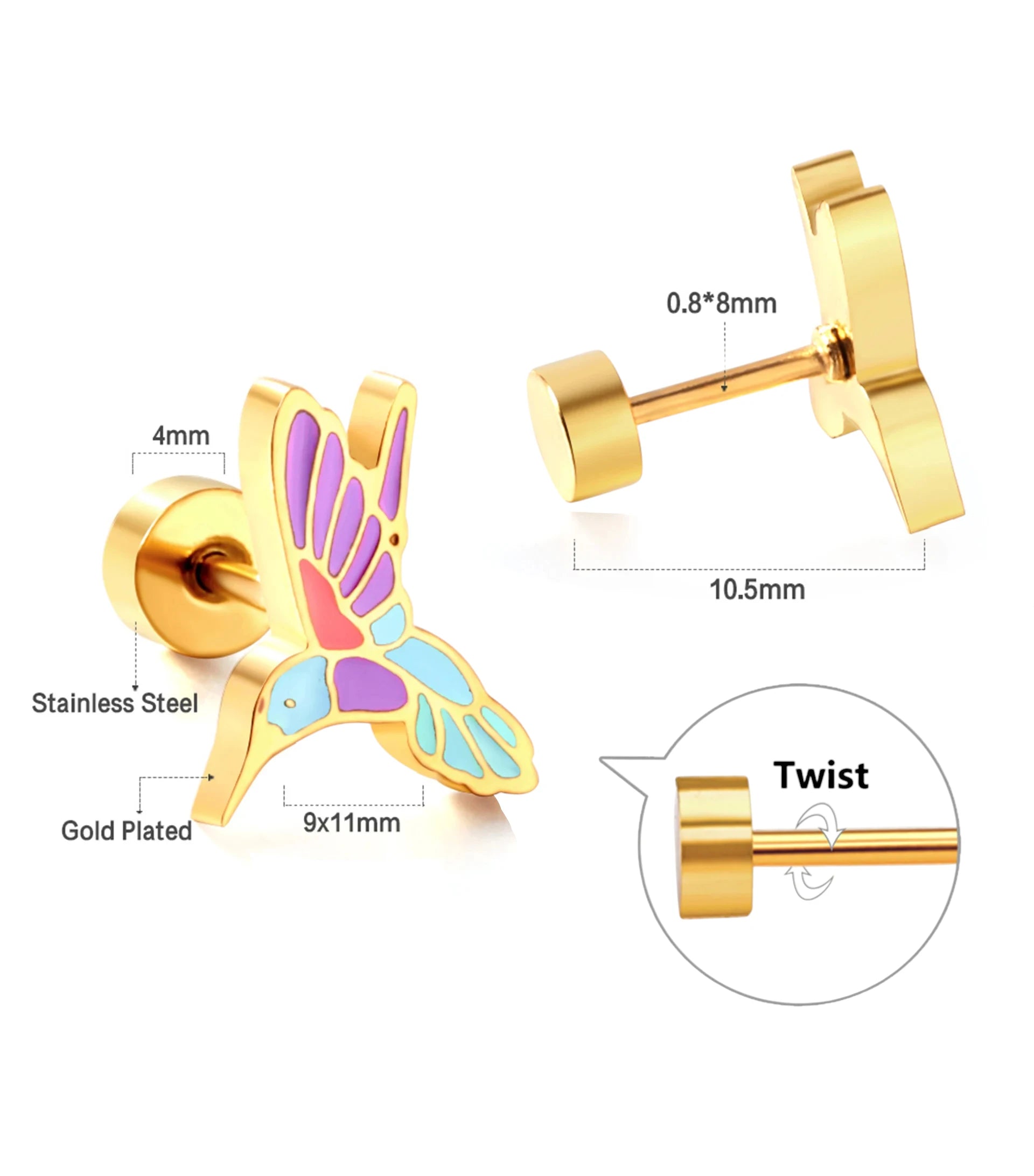 Hummingbird earrings featuring vibrant enamel and gold plated stainless steel design with screw back fastening.