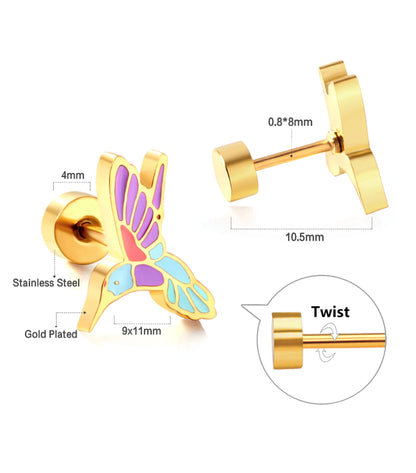 Hummingbird earrings featuring vibrant enamel and gold plated stainless steel design with screw back fastening.