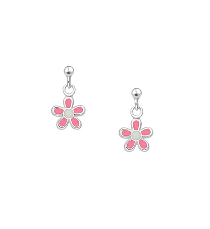 Sterling silver pink enamel flower dangle earrings for children – flat lay view
