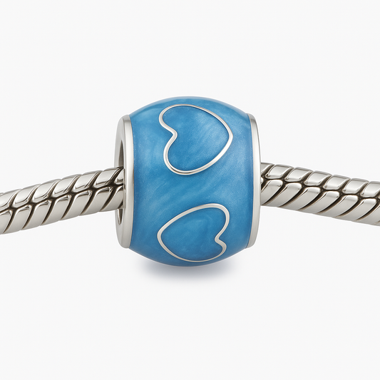 Children's Beads:  Silver Plated, Sky Blue Enamelled, European Beads with Hearts