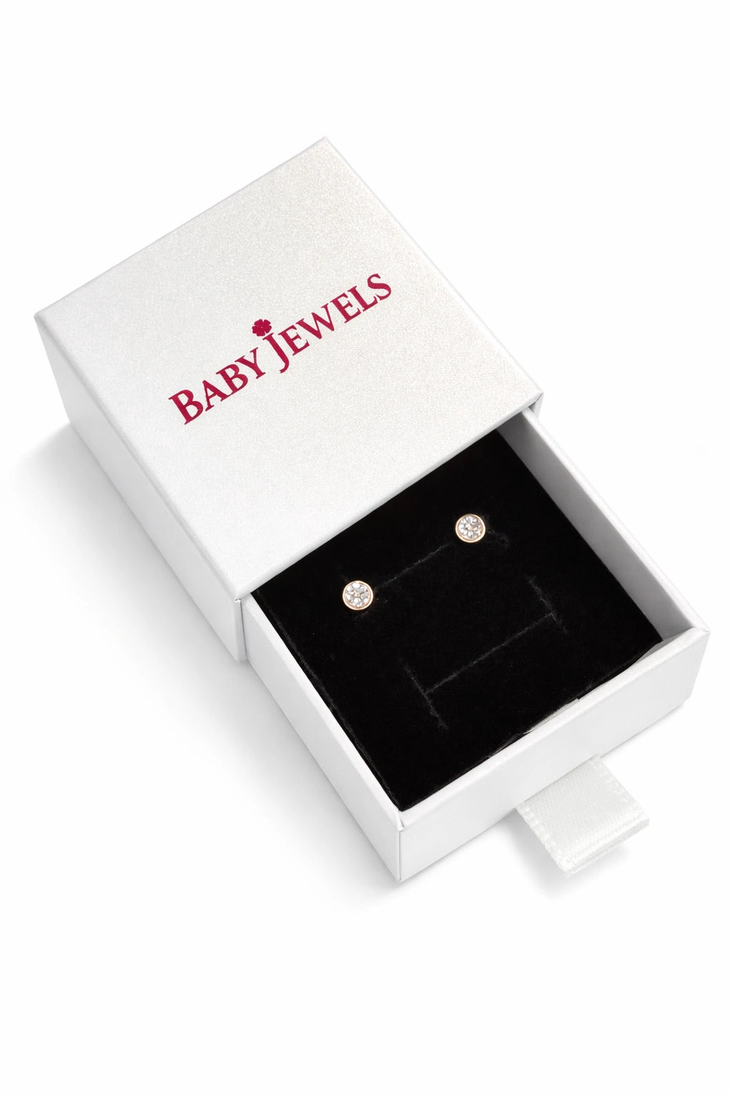Baby earrings in a premium white gift box with the brand name 'Baby Jewels'.
