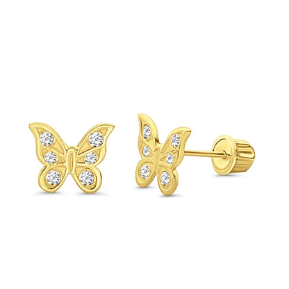A pair of 14k gold children's earrings featuring triple clear cubic zirconia butterflies with screw back closures.