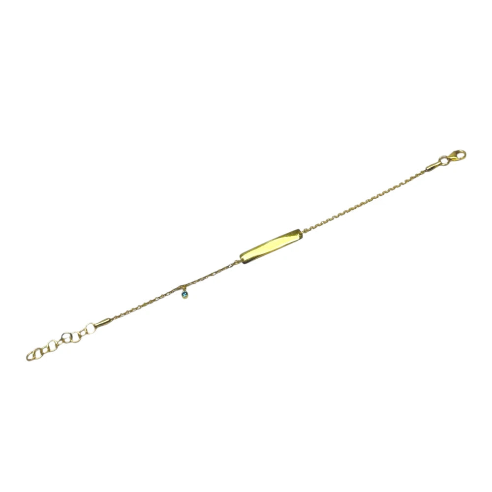 Children's bracelets featuring a gold plated sterling silver design with a blue CZ charm and engravable ID plate.