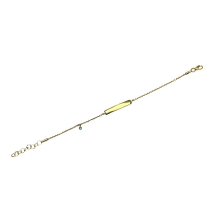 Children's bracelets featuring a gold plated sterling silver design with a blue CZ charm and engravable ID plate.